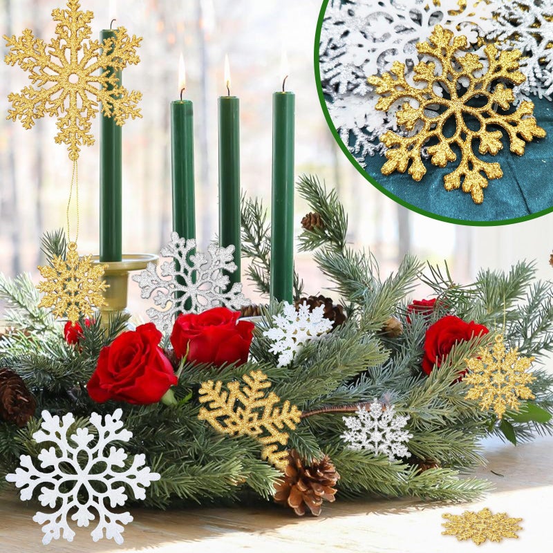 NEWMIAO 36pcs Gold Snowflake Ornaments Christmas Tree Decorations, Glitter Plastic Snow Flakes Christmas Ornaments in 5 Patterns for Tree Garland Indoor Outdoor Winter Wonderland Decor - Image 3